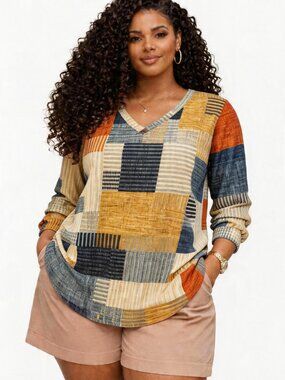 Women's Plus Size Tops 3/4 Sleeve Blouses V-Neck Shirt, COLORFUL PLAID, Size 2XL